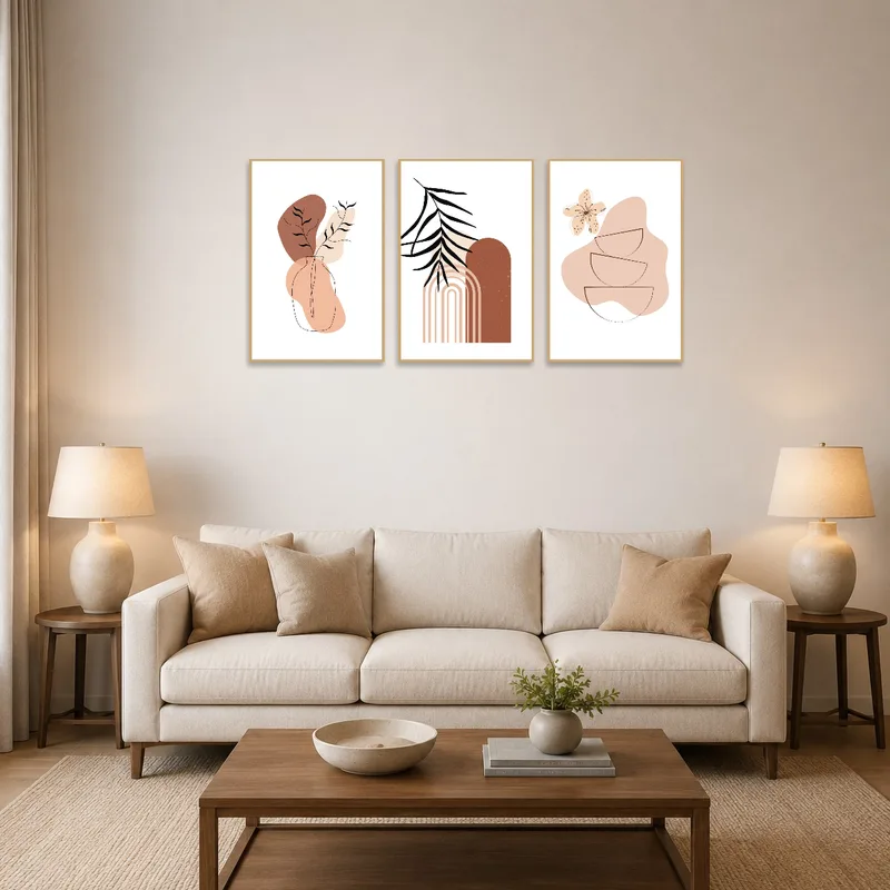 Botanical art set on a living room wall with a modern sofa beneath.