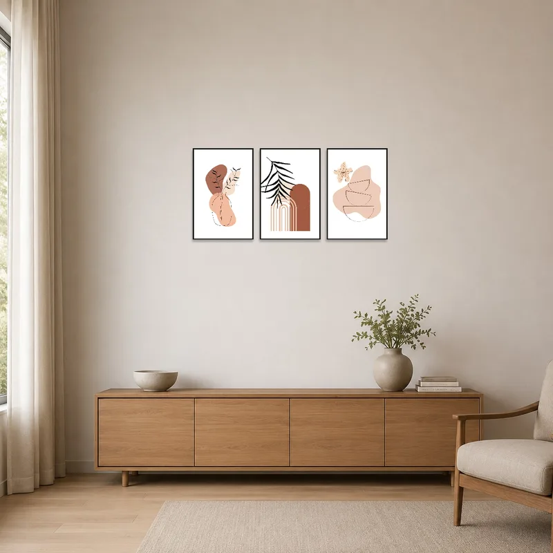 Botanical art set in a minimalist room with clean lines and neutral tones.