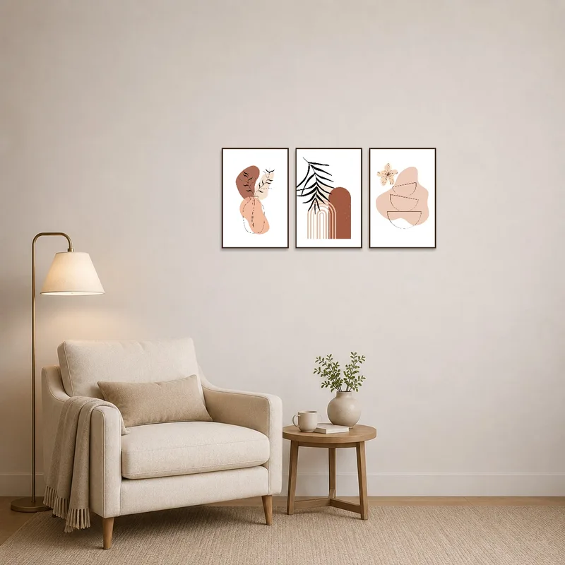 Botanical art set enhancing a cozy reading corner with a comfy chair.
