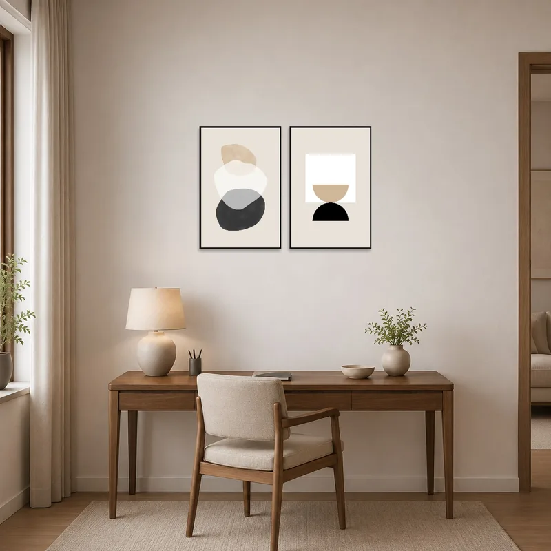Home office showing creative and modern art of organic and geometric forms on a wall backdrop.