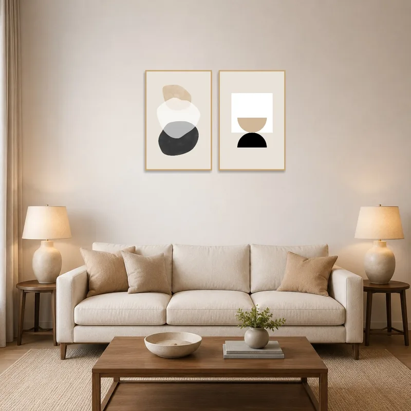 A living room with modern minimalist art featuring organic and geometric shapes on the wall.