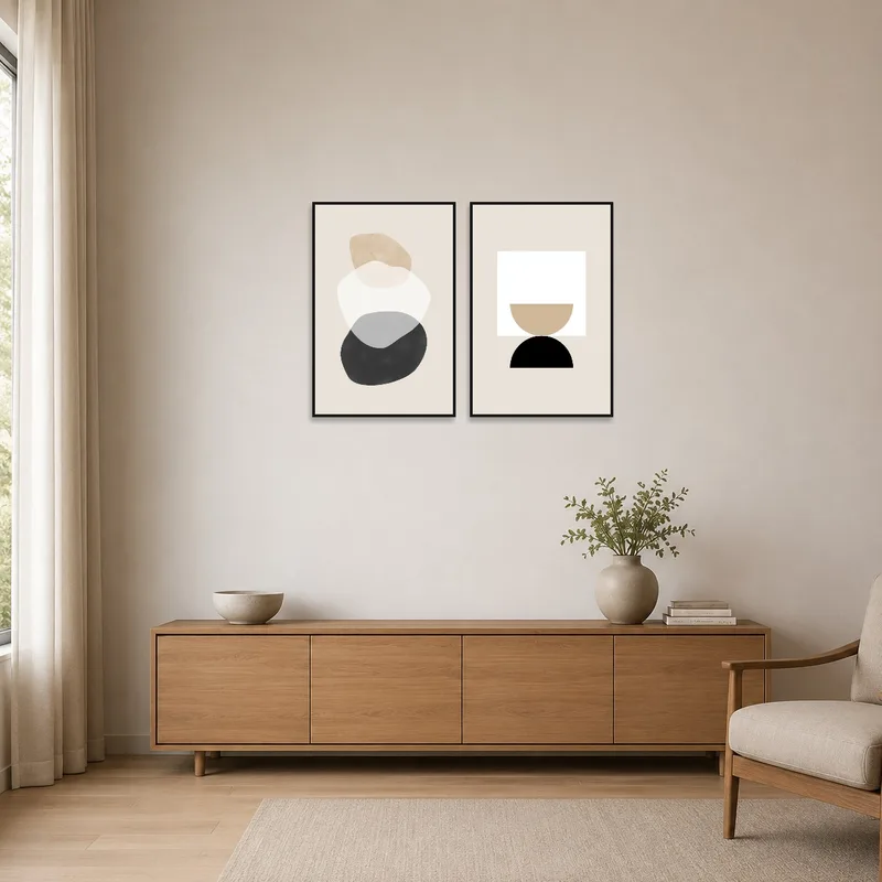 Minimalist room showcasing simple art with organic and geometric forms in soothing tones.
