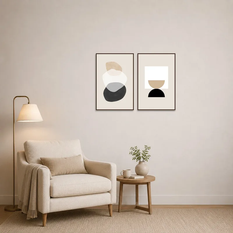 Reading corner adorned with contemporary minimalist pieces of organic and geometric art.