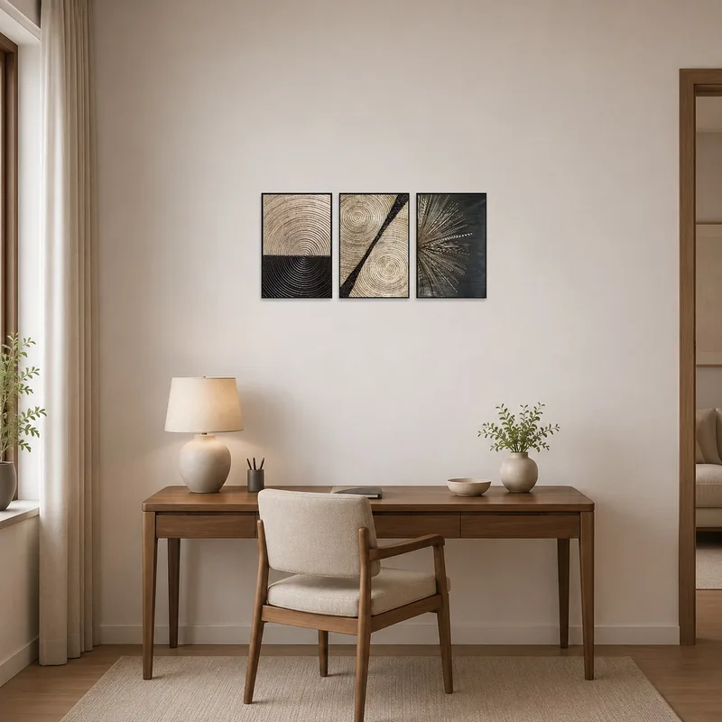 Textural triptych enhancing creativity in a professional home office.