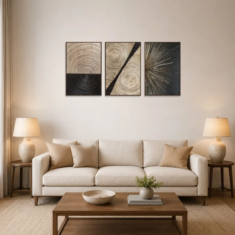 Modern triptych with circular patterns on a living room wall.