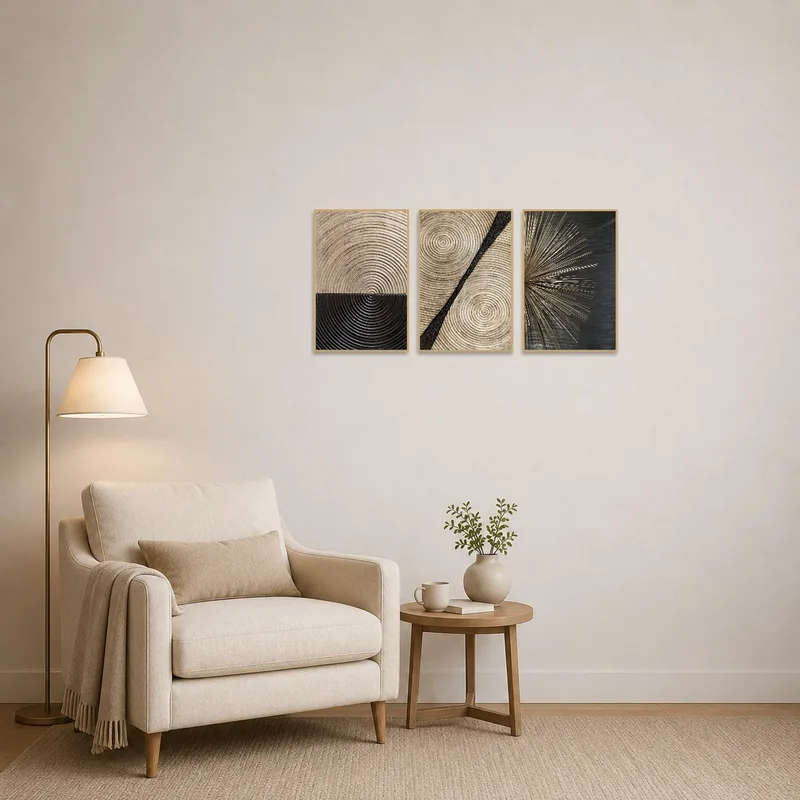 Modern triptych creating a focal point in a cozy reading corner.