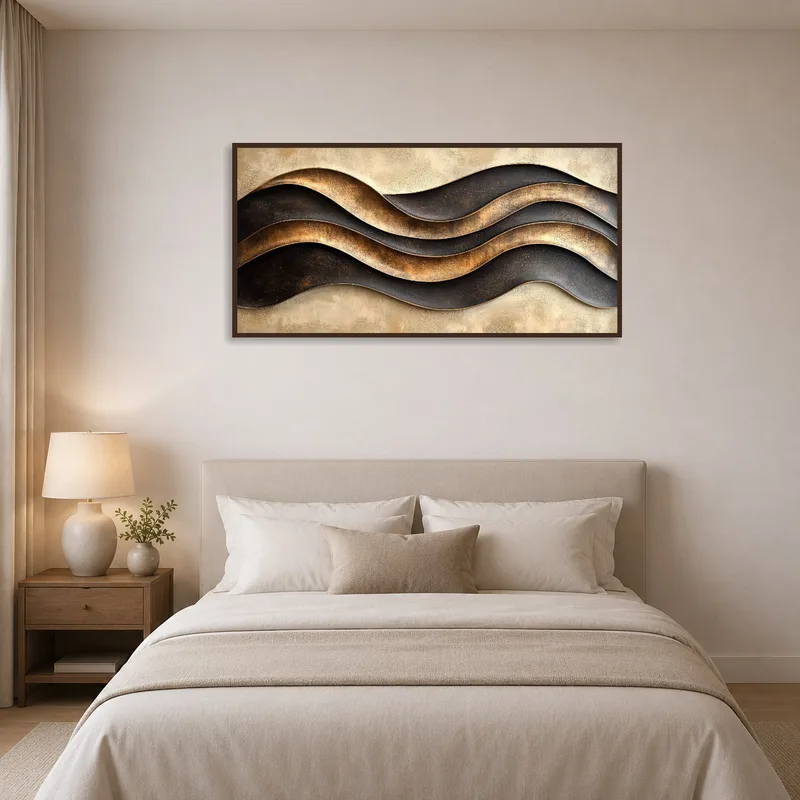 Modern wavy metal art composition adding elegance to a bedroom's calming atmosphere.