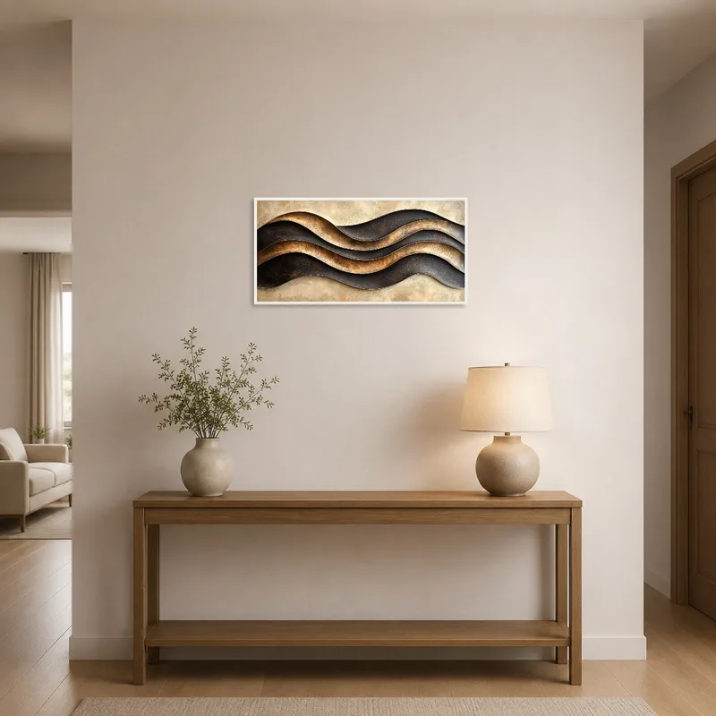Entrance hall highlighted by modern wavy metal art composition as a focal point.