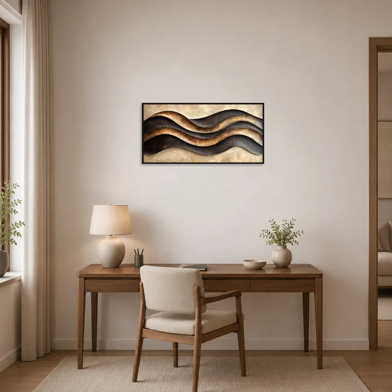 Home office enhanced by modern wavy metal art composition above a tidy workspace.