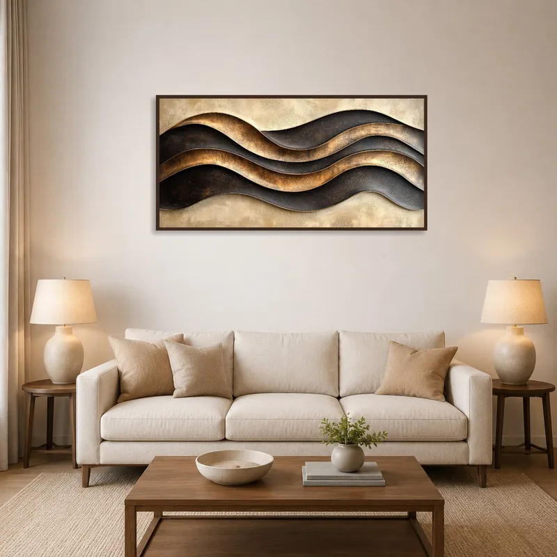 Modern wavy metal art composition on living room wall above a sleek sofa.