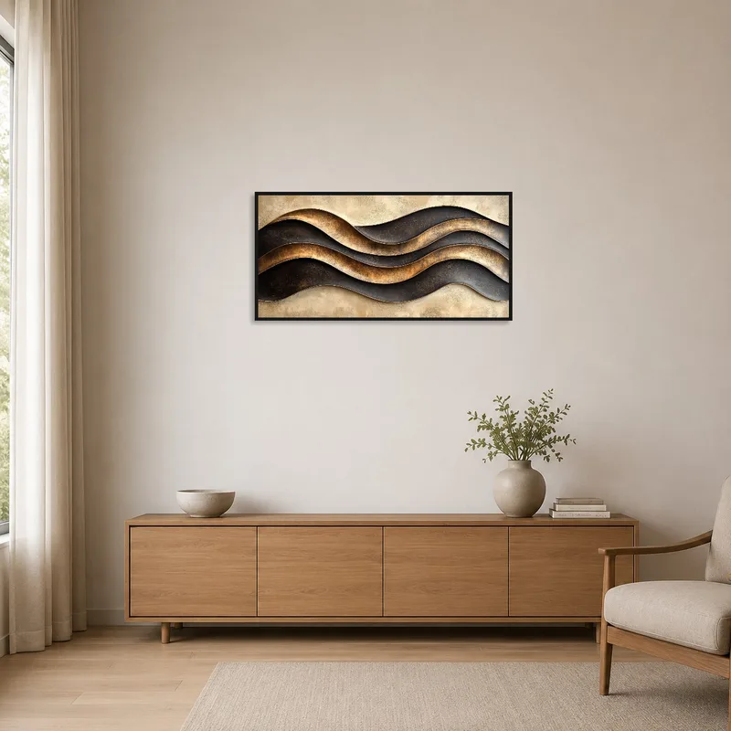 Minimalist room featuring modern wavy metal art composition on a stark white wall.