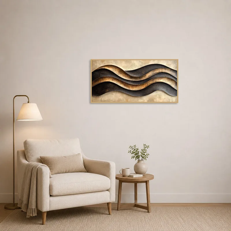 Reading corner adorned with modern wavy metal art, creating a serene backdrop.
