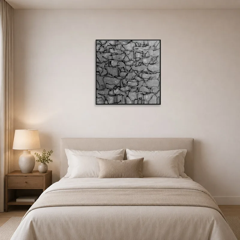 Monochrome abstract animal linework featured in a serene bedroom with soft bedding and muted colors.