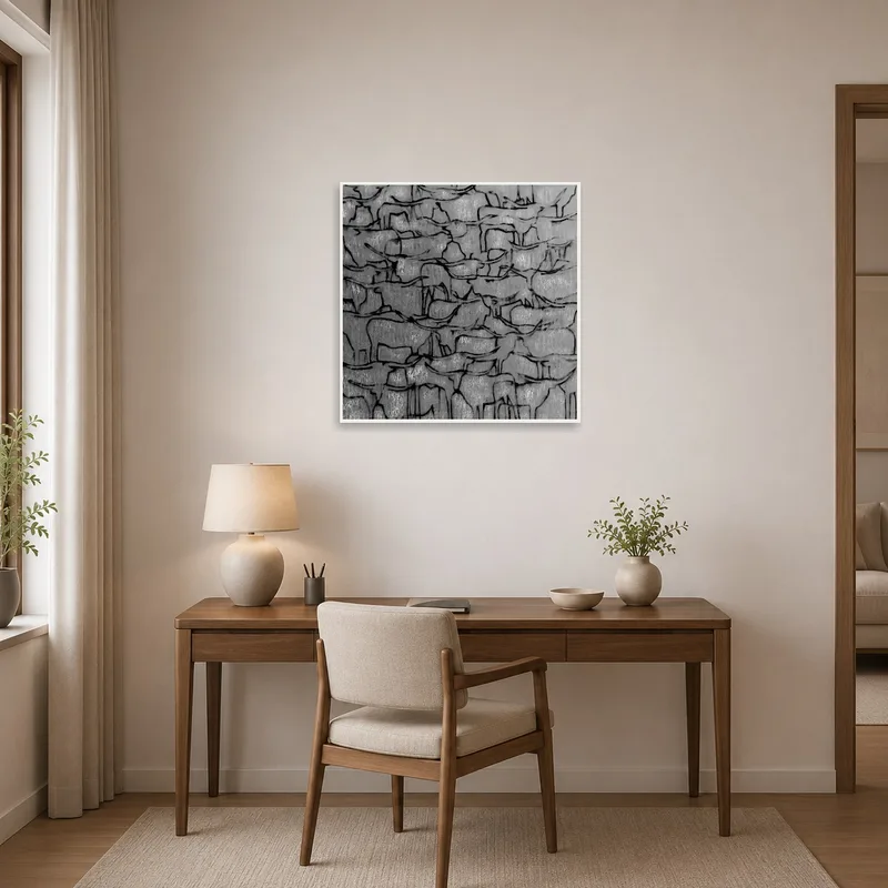 Monochrome abstract animal linework bringing creativity to a home office with sleek, organized surfaces.