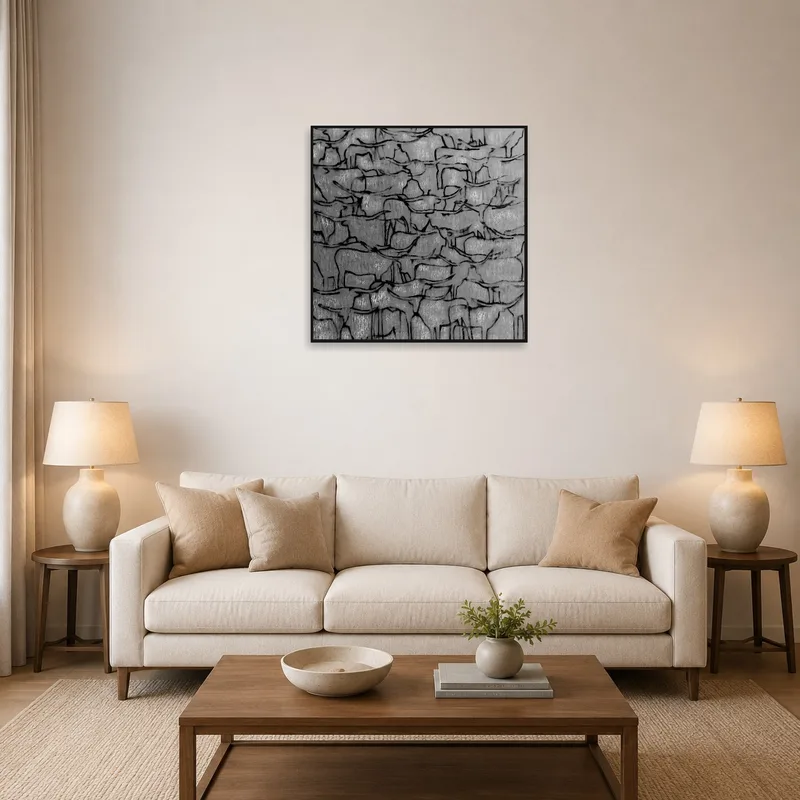 Monochrome abstract animal linework on the wall of a stylish living room with neutral tones.