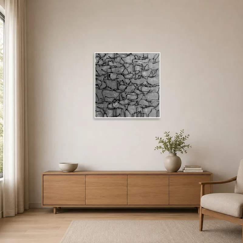 Monochrome abstract animal linework enhancing a minimalist space with clean lines and white walls.
