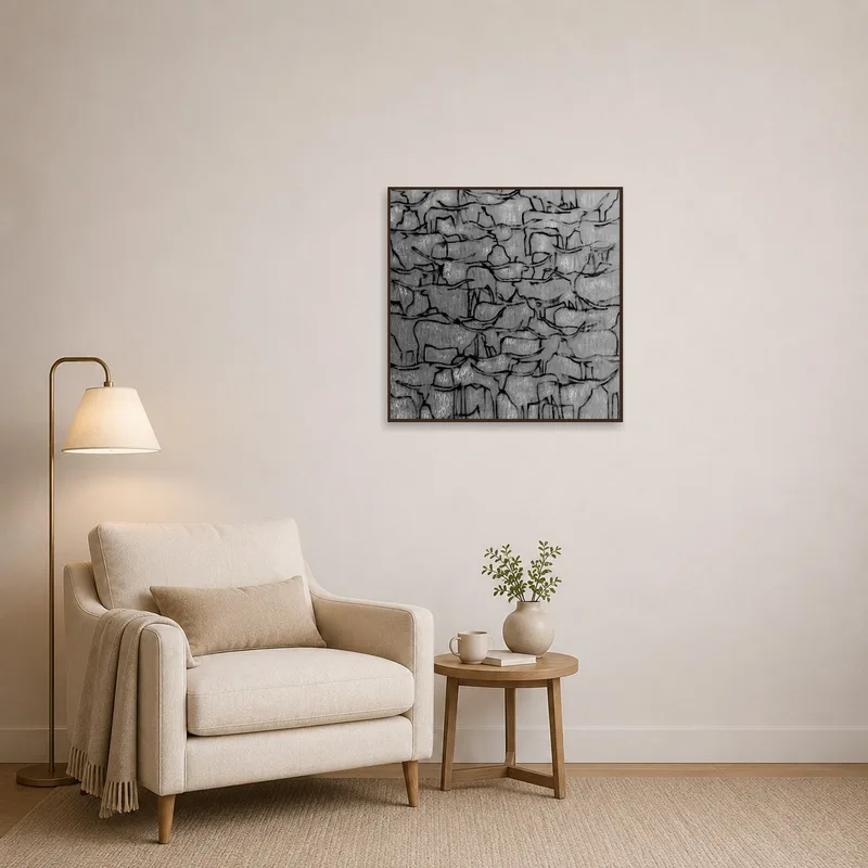 Monochrome abstract animal linework adding artistic flair to a cozy reading corner with a comfy chair.