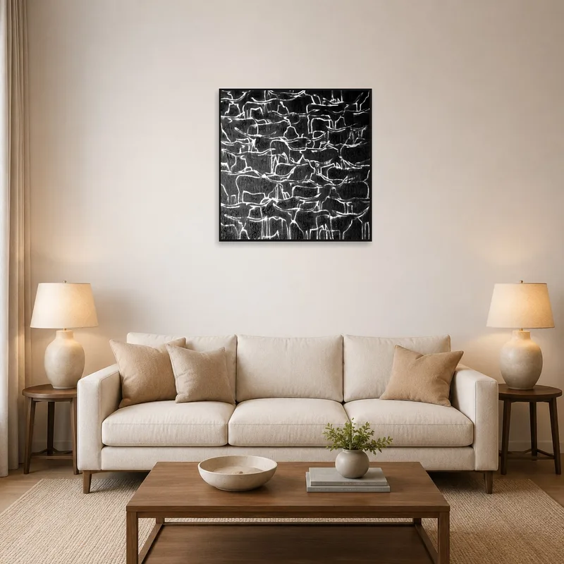 Black and white animal pattern art complements the modern living room.
