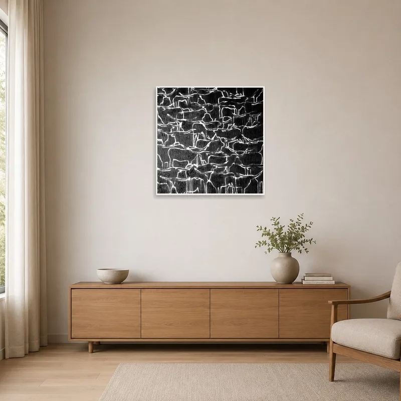 Simple animal pattern art enhances the clean minimalist space.