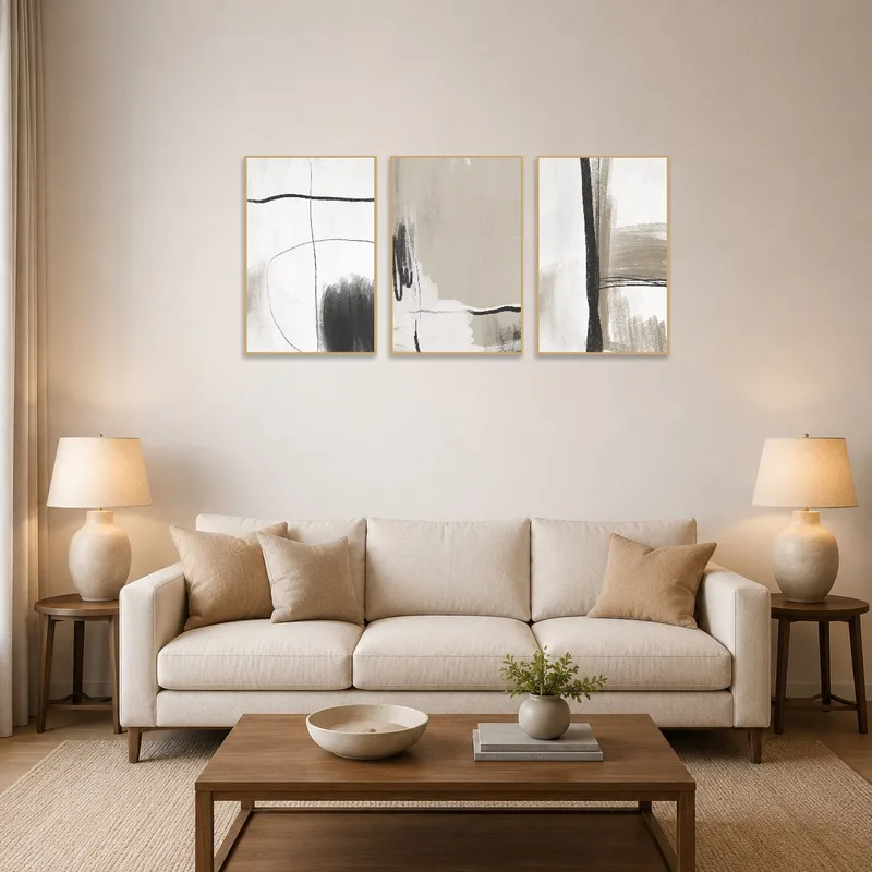 Monochrome abstract triptych set hanging above a modern living-room sofa.