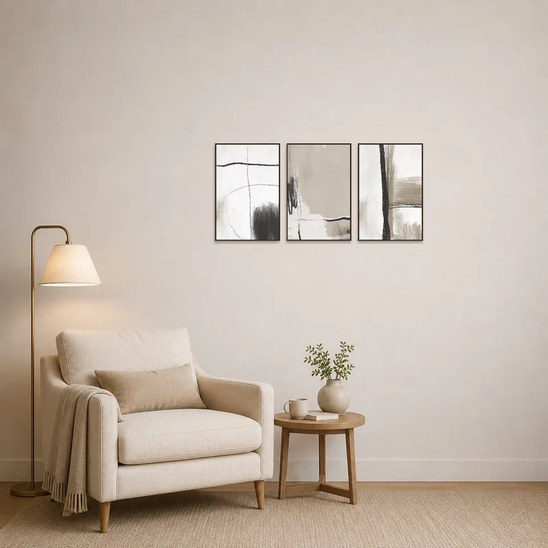 Monochrome abstract triptych set adding visual interest to a cozy reading corner.