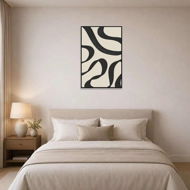 Elegant black swirl design featured in a serene bedroom.