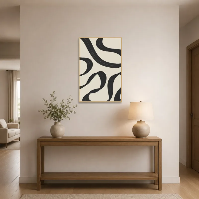 Abstract black swirl adorns a stylish entrance hallway.