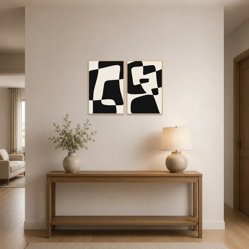 Abstract geometric prints greet guests in a stylish entrance hall.