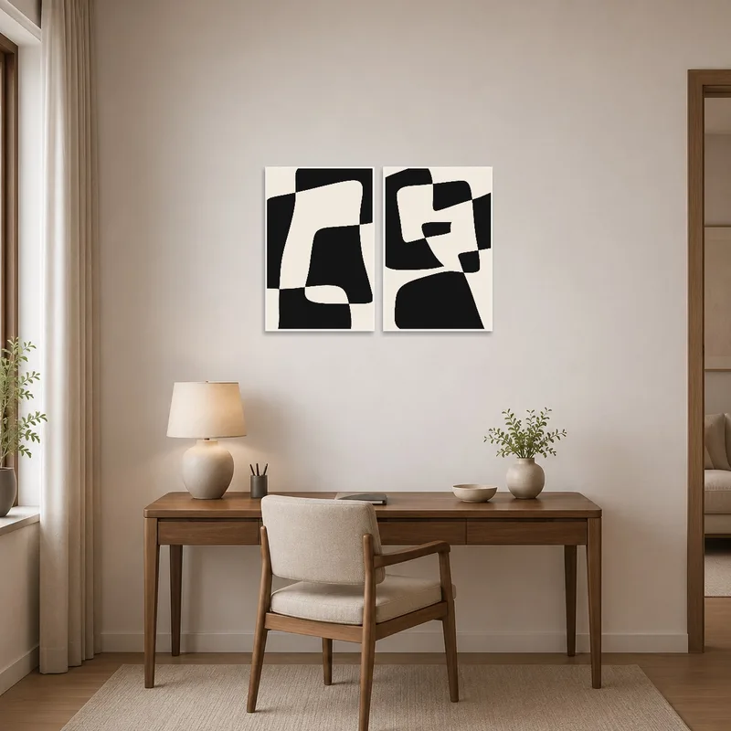 Abstract geometric set adds a modern touch to a sleek home office.