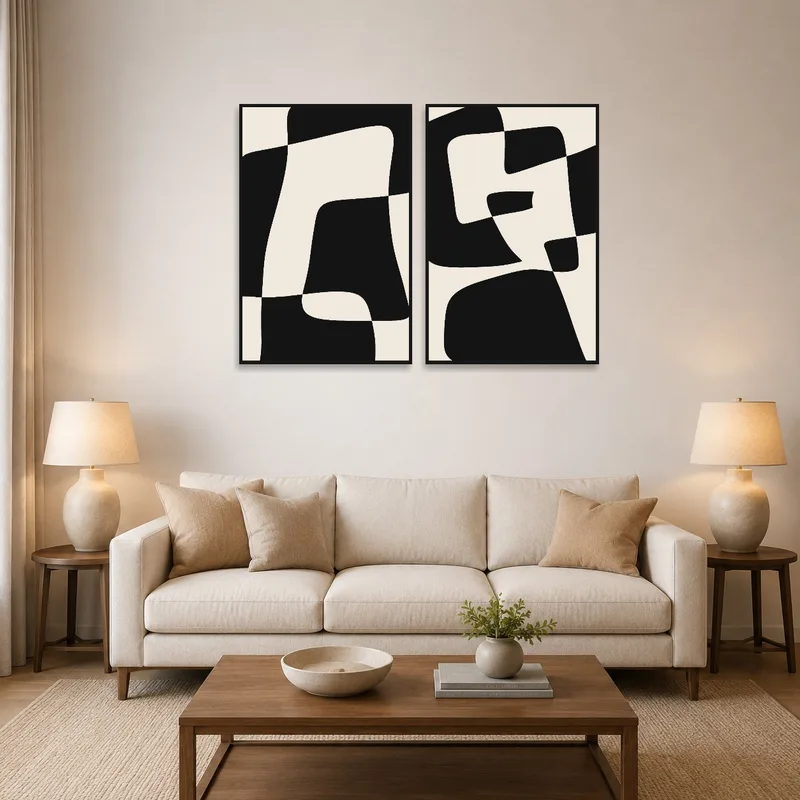 Monochrome abstract geometric prints above a modern living room sofa.