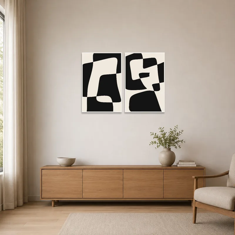 Simple monochrome geometric prints on a minimalist white wall.