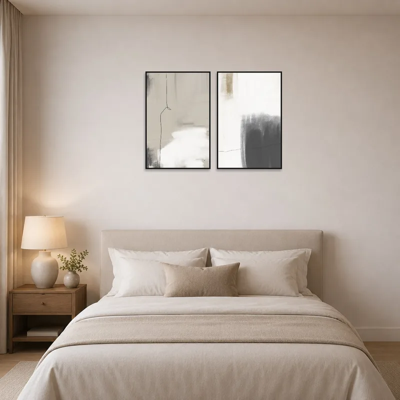 Black and white wall art set enhancing the tranquility of a bedroom.