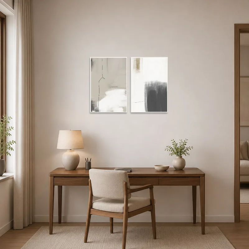 Monochrome abstract art set inspiring creativity in a modern home office.