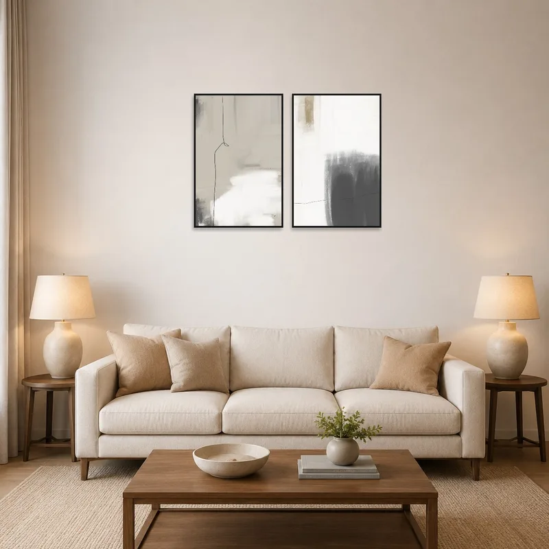 Black and white minimalist art set hung above a modern couch in a living room.