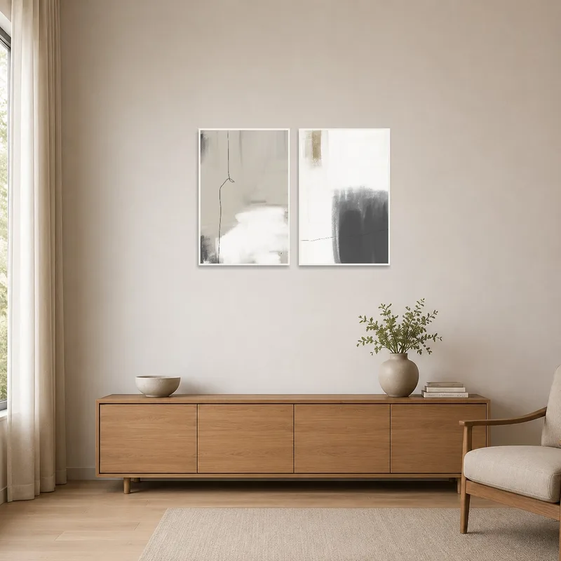 Minimalist abstract wall art set displayed in an all-white minimalist room.