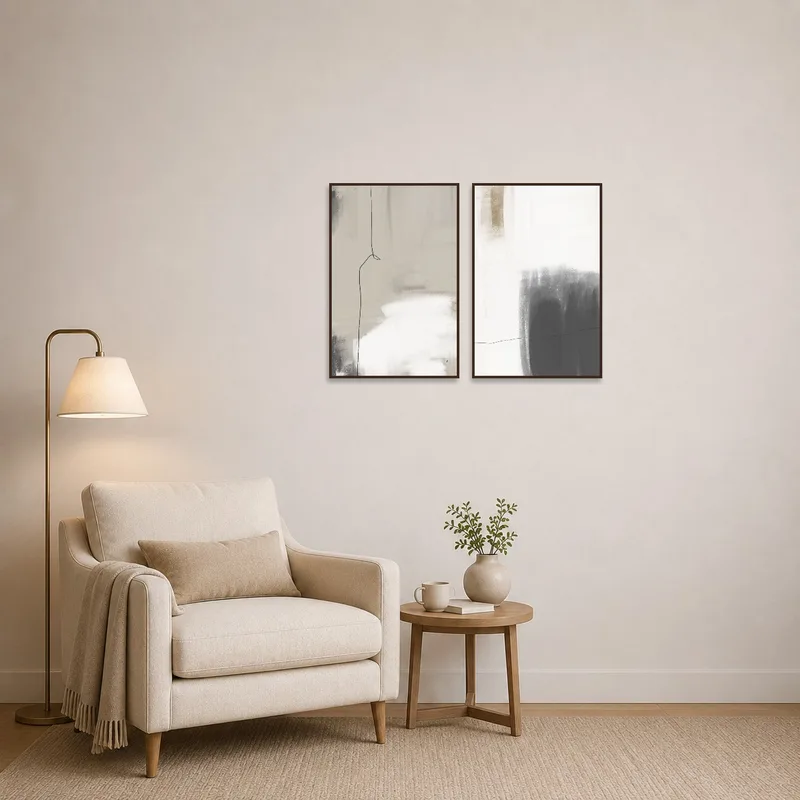 Abstract minimalist art set creating a serene vibe in a cozy reading corner.