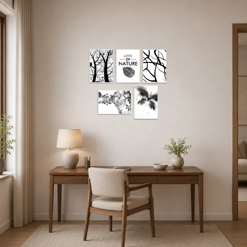 Monochrome nature prints set a creative mood in a home office with a sleek desk setup.