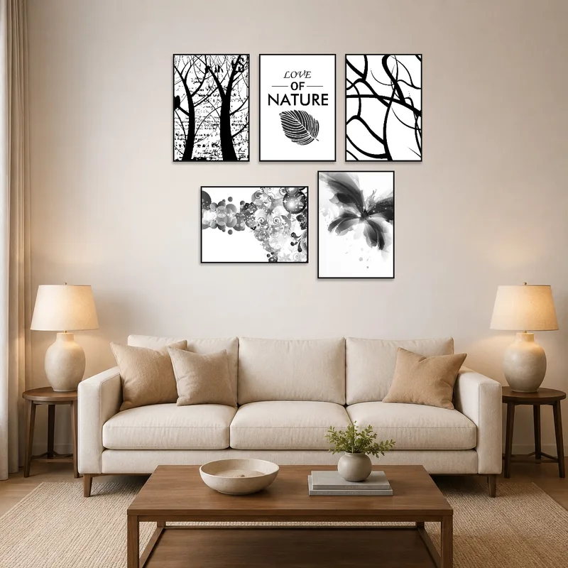 Monochrome abstract nature prints on a living room wall above a modern sofa and coffee table.