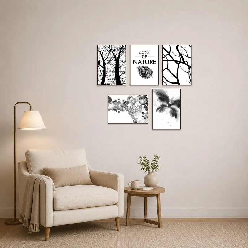 Monochrome abstract nature set adds a touch of sophistication to a cozy reading corner.
