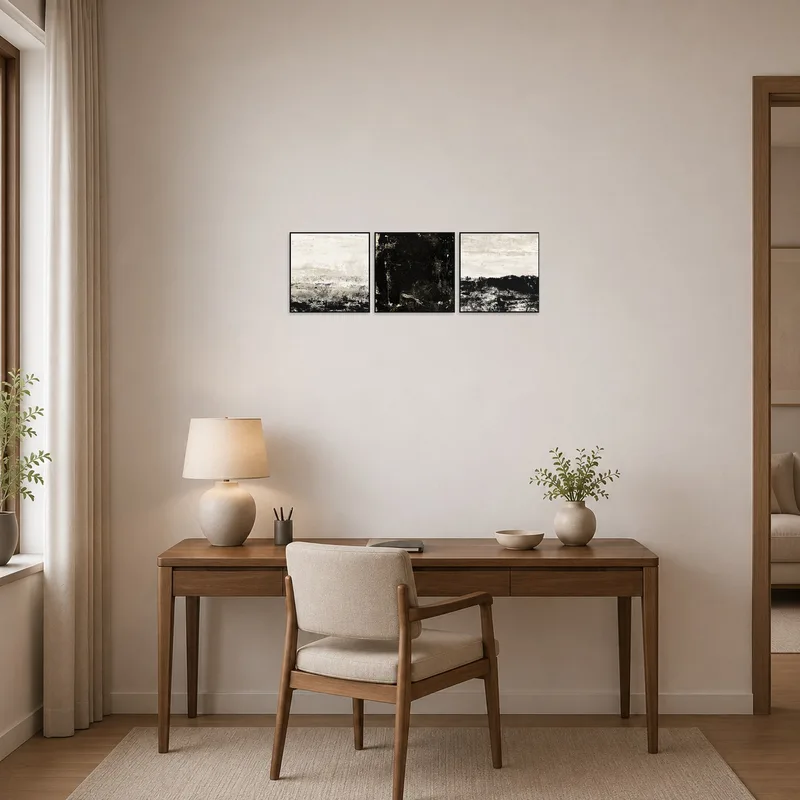Home office showcasing a monochrome abstract triptych with textured layers.