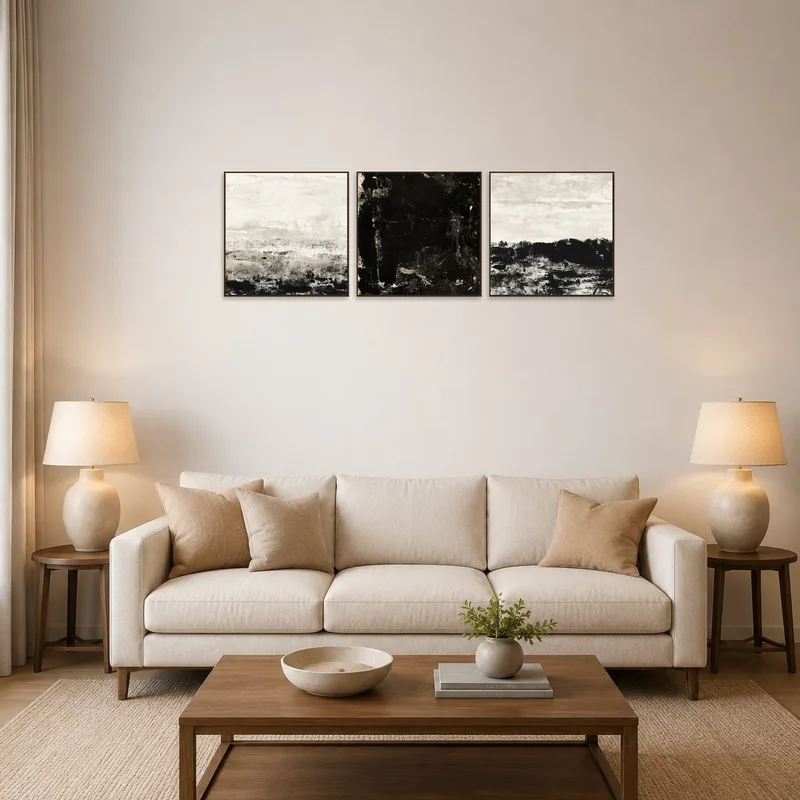 A monochrome abstract triptych with textured layers on a living room wall.