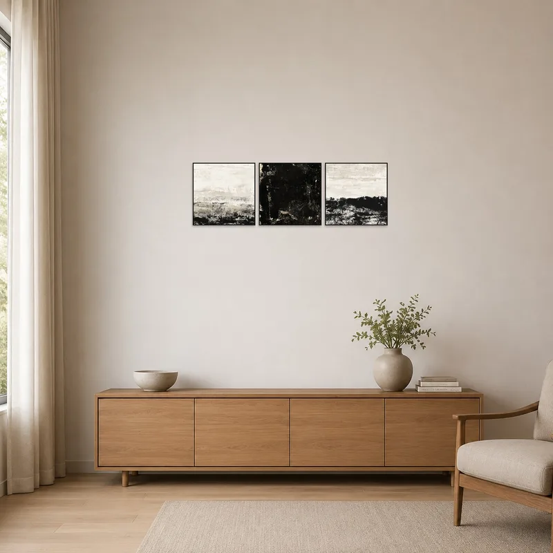 Minimalist room featuring a monochrome abstract triptych with layered textures.
