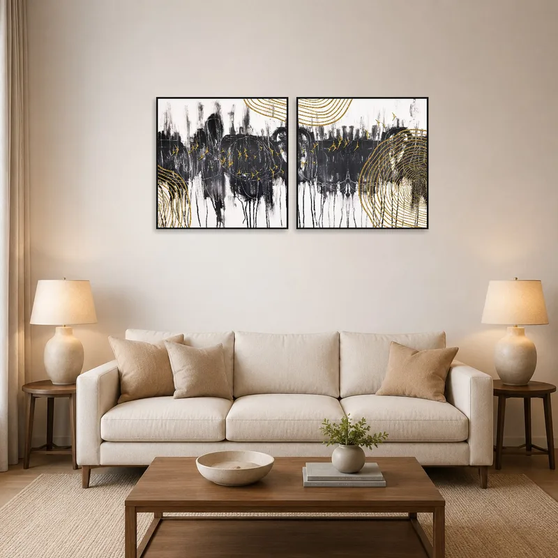 Abstract art set with gold accents above a modern sofa in a stylish living room.