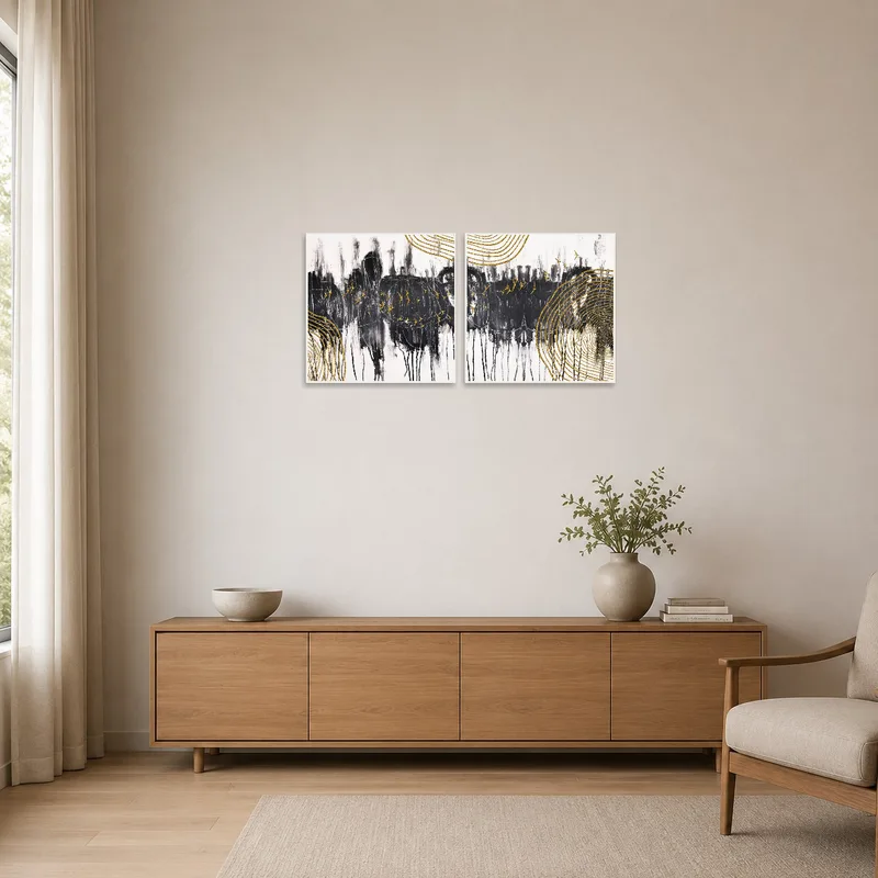Black and white abstract set adds contrast to a sleek, minimalist space.