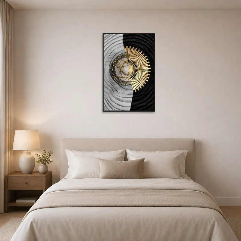 Sophisticated abstract piece adding flair to a bedroom.