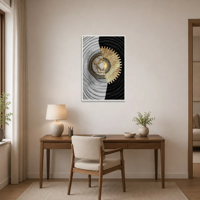 Gold accented abstract art inspiring a stylish home office.