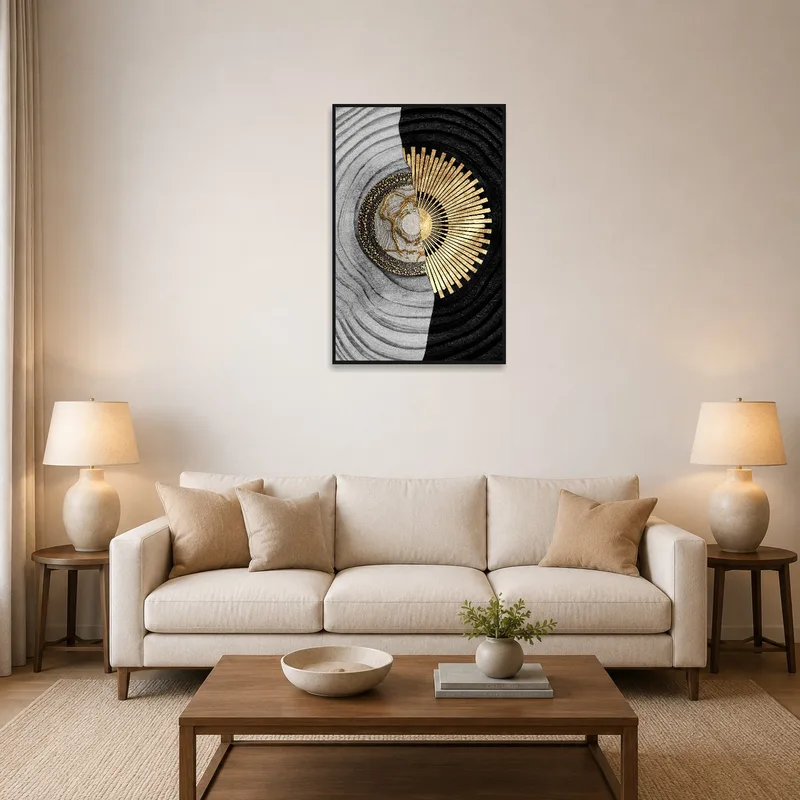Monochrome and gold abstract artwork above a modern living room sofa.