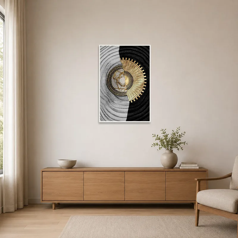 Elegant monochrome and gold abstract piece in a minimalist setting.