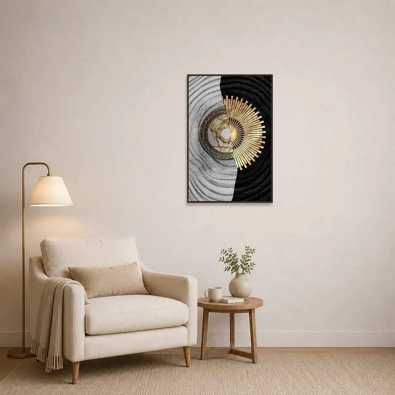 Monochrome abstract art enhancing a cozy reading corner.
