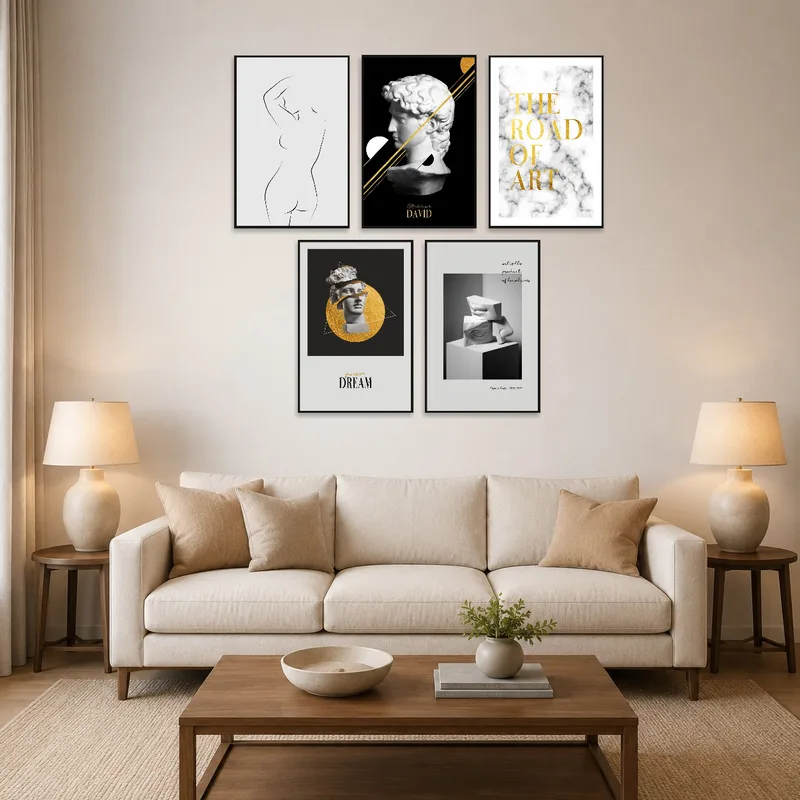 Monochrome and gold print collection on a living room wall adds a touch of elegance.